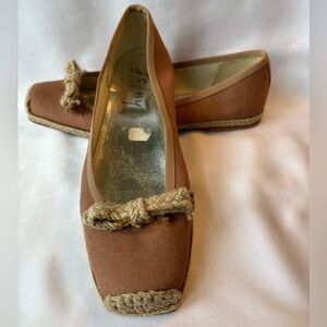 Copper colored canvas slip ons with square toe and rope detailing by FS NY